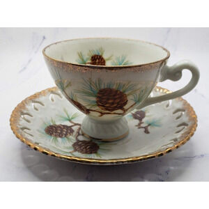 Victoria Ceramics Vintage White Pine Teacup and Saucer Set